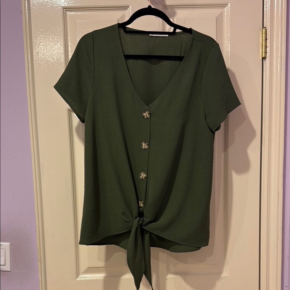 Green V-Neck Button Down Shirt with Tie Front